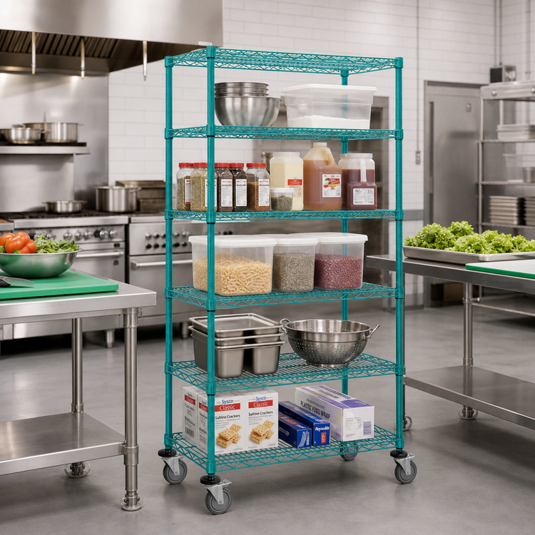 Product image #2 for Green Epoxy Antimicrobial 5-Shelf Mobile Wire Shelving Cart, 36 x 18 x 80 Inches