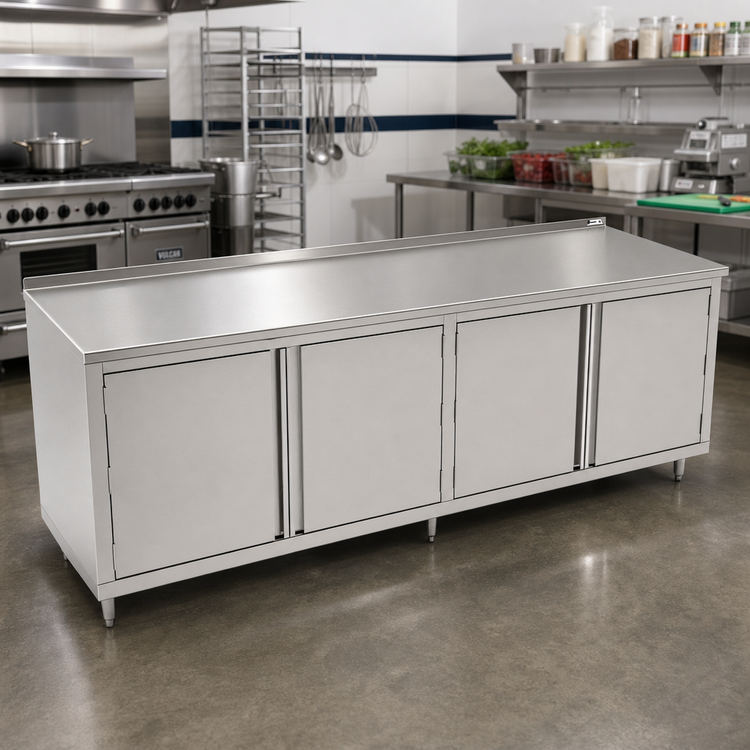 Product image #2 for John Boos 96-Inch x 24-Inch Stainless Steel Enclosed Work Table with Cabinet Base, Hinged Doors, and 1-1/2-Inch Rear Riser