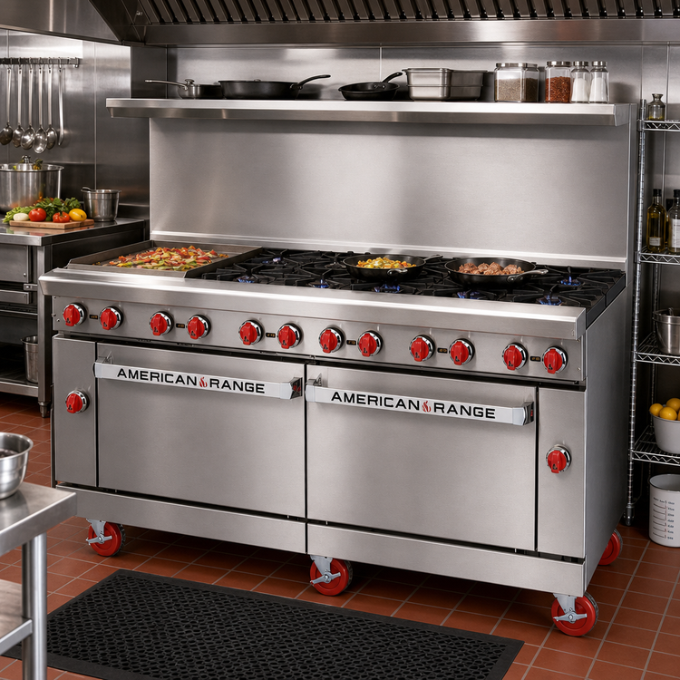 Product image #2 for American Range 72-Inch Commercial Gas Range with 24-Inch Griddle, 8 Open Burners, Convection Oven, and Storage Base