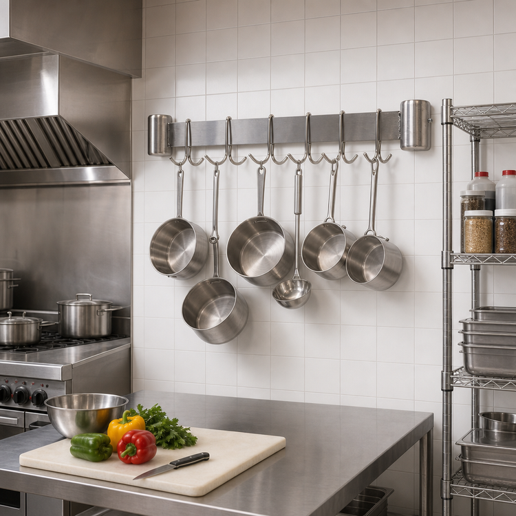 Product image #2 for Advance Tabco UB-30 Leg-Mounted Stainless Steel Pot Rack with 6 Double-Prong Hooks