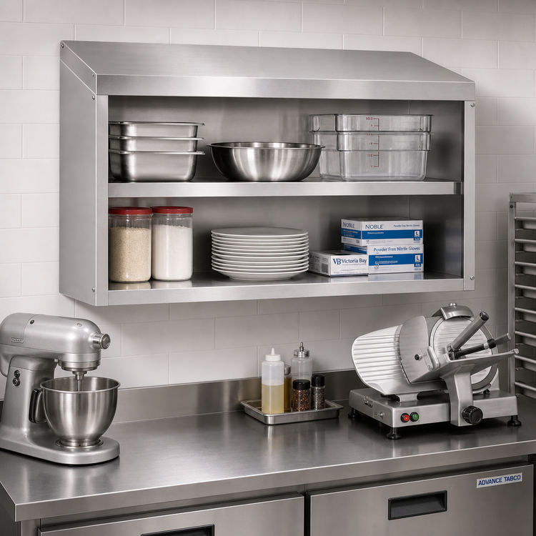 Product image #2 for Advance Tabco 96-Inch Wall-Mounted Open-Front Stainless Steel Cabinet with Single Intermediate Shelf