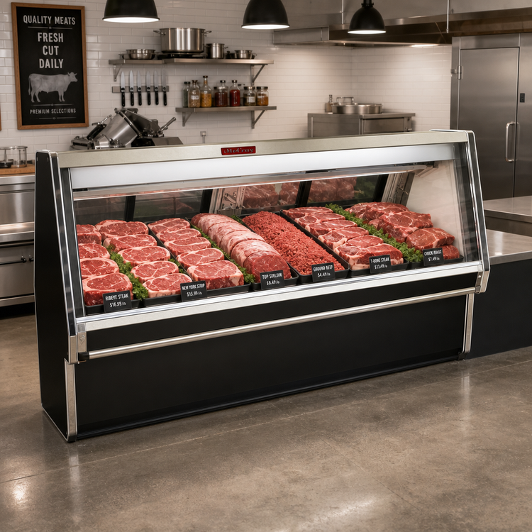 Product image #2 for Howard-McCray 34E Series Full-Service Red Meat Service Case, 148-1/2"W, Straight-Glass Front, Double Duty, Remote Refrigeration
