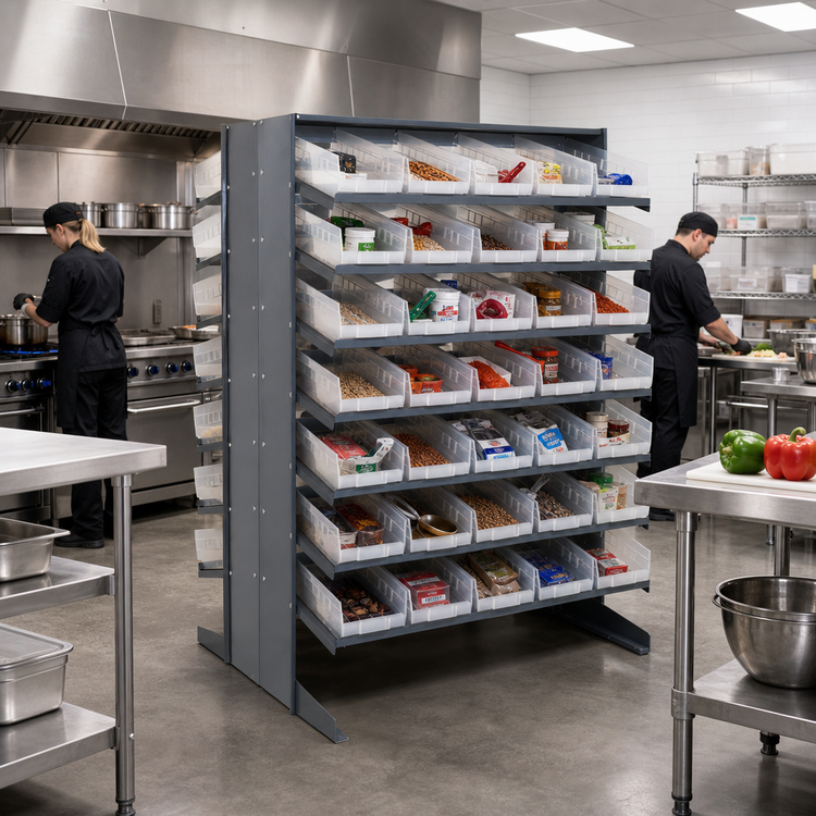 Product image #2 for Quantum Sloped Double-Sided Pick Rack with 16 Shelves and 80 Clear Bins