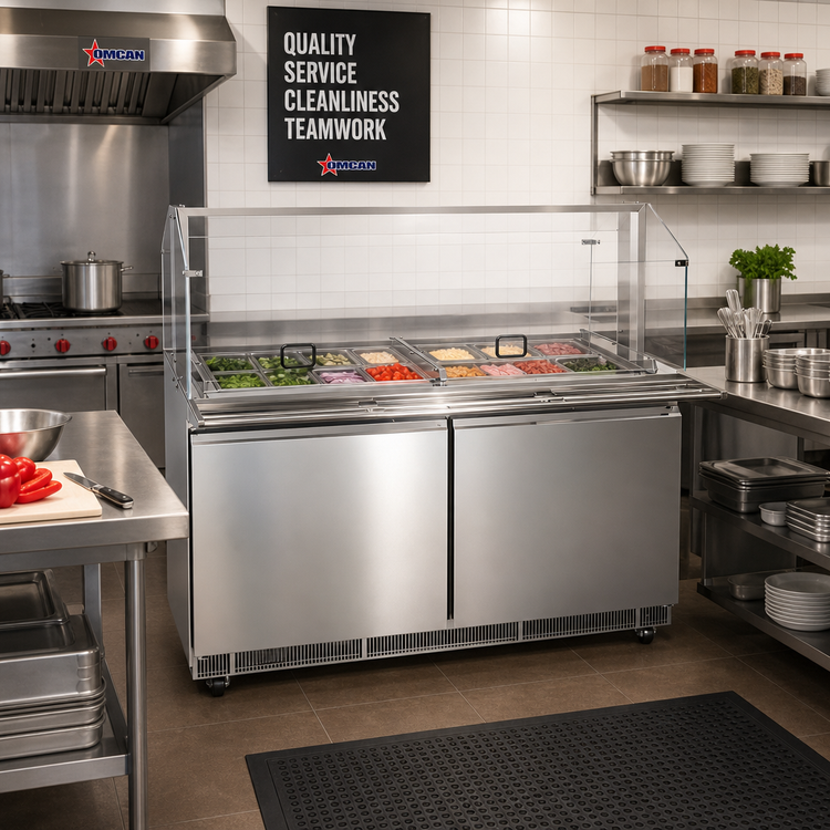 Product image #2 for Omcan USA 60-Inch Two-Section Stainless Steel Refrigerated Prep Table, Rear-Mount Self-Contained, 12 x 1/3 Pan Capacity
