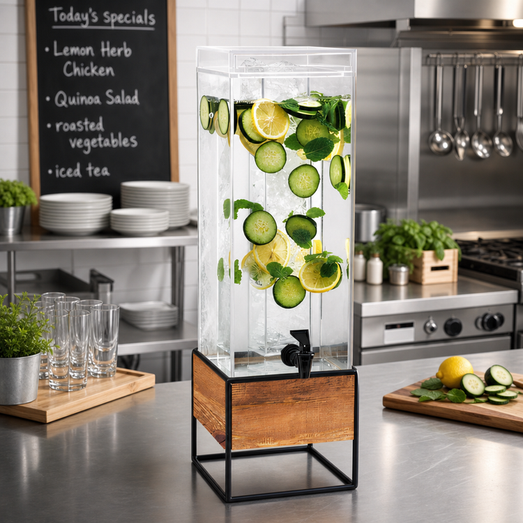 Product image #2 for Madera 3-Gallon Square Beverage Dispenser with Ice Chamber, Lid, Spigot, Rustic Pine Panels and Black Metal Frame