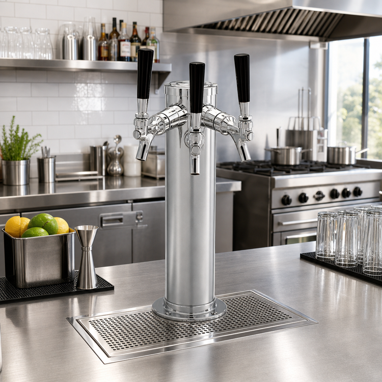 Product image #2 for Perlick Century Extra-Height 3-Faucet Glycol-Cooled Countertop Draft Beer Tower, 3-Inch O.D. Column, Polished Chrome