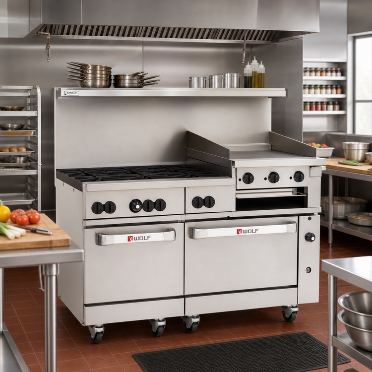 Product image #2 for Wolf Challenger XL 60-Inch Commercial Gas Restaurant Range with 6 Burners, 24-Inch Griddle/Broiler, Standard Oven and Convection Oven