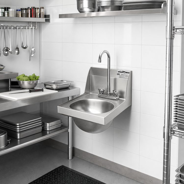 Product image #2 for Eagle Group Space-Saver Wall-Mounted Hand Sink with Deck-Mount Gooseneck Faucet, 12-Inch Wide, 304 Stainless Steel