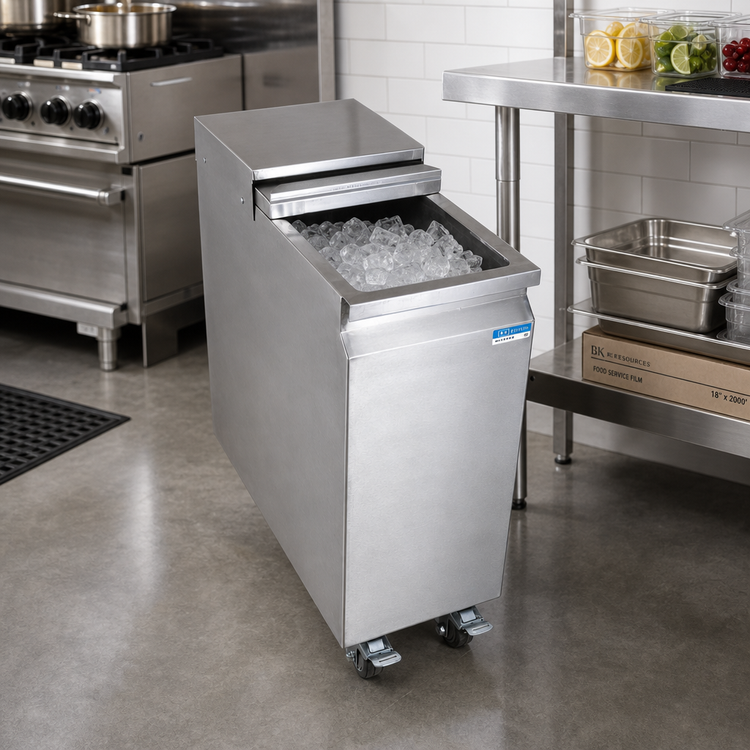 Product image #2 for BK Resources Stainless Steel Mobile Ice Bin with Sliding Lid, 53 lb. Capacity