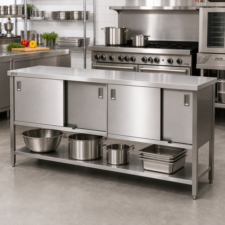 Product image #2 for John Boos Stainless Steel Enclosed Work Table with Sliding Doors and Undershelf, 120 x 24 Inch, 16-Gauge Flat Top