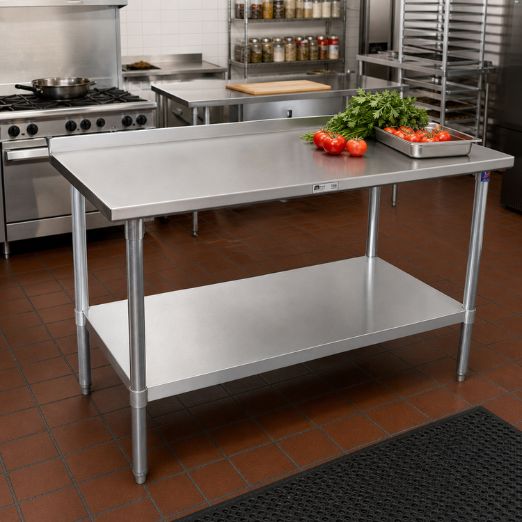 Product image #2 for John Boos Stallion 120 Inch x 30 Inch 16 Gauge Stainless Steel Work Table with 1-1/2 Inch Rear Up-Turn, Galvanized Base, and Adjustable Undershelf