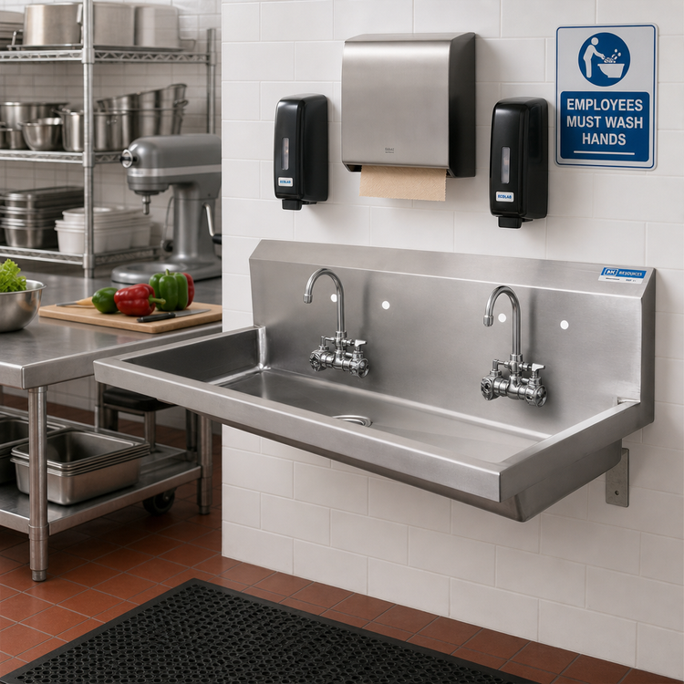 Product image #2 for BK Resources ADA Two-Station Wall-Mount Hand Wash Sink, 48 Inch Wide, 304 Stainless Steel, 5-Inch Deep Bowl