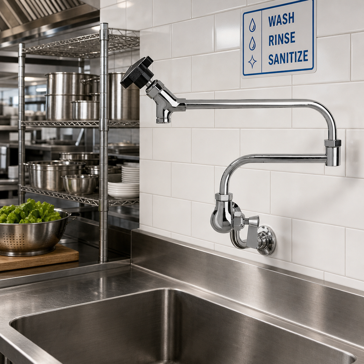 Product image #2 for Commercial Wall-Mount Pre-Rinse Faucet with 11-Inch Control Swing Spout and 13-Inch Double-Jointed Assembly