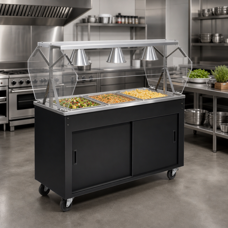 Product image #2 for 2-Series Affordable Portable 3-Pan Non-Refrigerated Cold Food Station with Acrylic Buffet Breath Guard and Sliding Door Storage Base, 46 Inch, Black