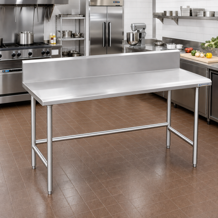 Product image #2 for Advance Tabco 84 Inch x 30 Inch Stainless Steel Open Base Work Table with 10 Inch Backsplash and No-Drip Edge