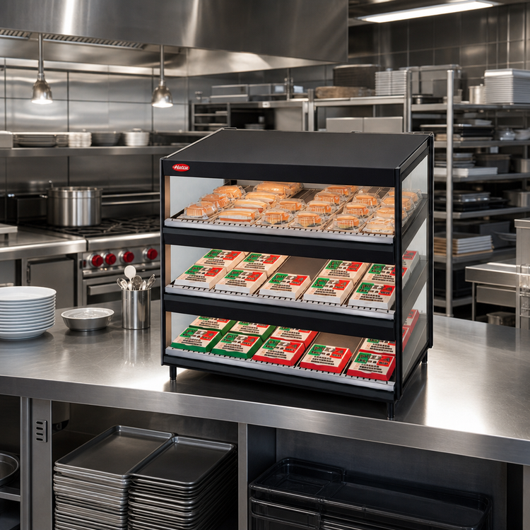 Product image #2 for Hatco Glo-Ray 24-Inch Countertop Pass-Thru Merchandising Warmer with 3-Tier Slanted Shelves