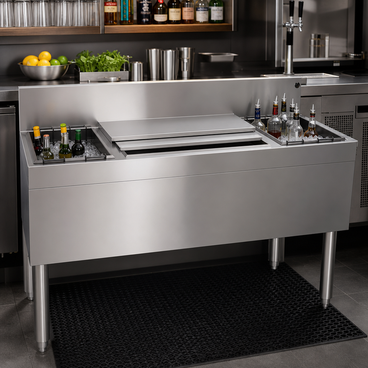 Product image #2 for Glastender CBA-48 48-Inch Underbar Stainless Steel Combo Ice Bin/Cocktail Unit with Dual Bottle Wells and Sliding Covers