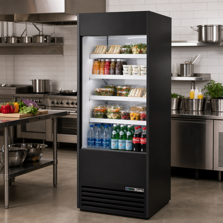 Product image #2 for True 30-Inch Vertical Air Curtain Merchandiser Open-Air Cooler with 4 Adjustable Shelves, LED Lighting, and Night Cover