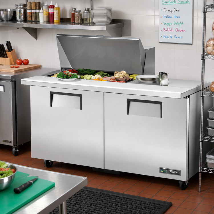 Product image #2 for True 60-Inch Mega Top 2-Section Refrigerated Sandwich/Salad Prep Table with Solid Doors and 15-Pan Opening