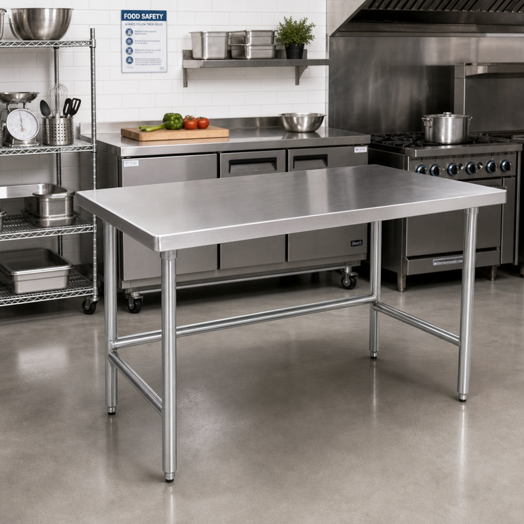 Product image #2 for Advance Tabco 60-Inch x 30-Inch 14-Gauge 304 Stainless Steel Flat Top Work Table with Countertop Non-Drip Edge and Galvanized Open Base