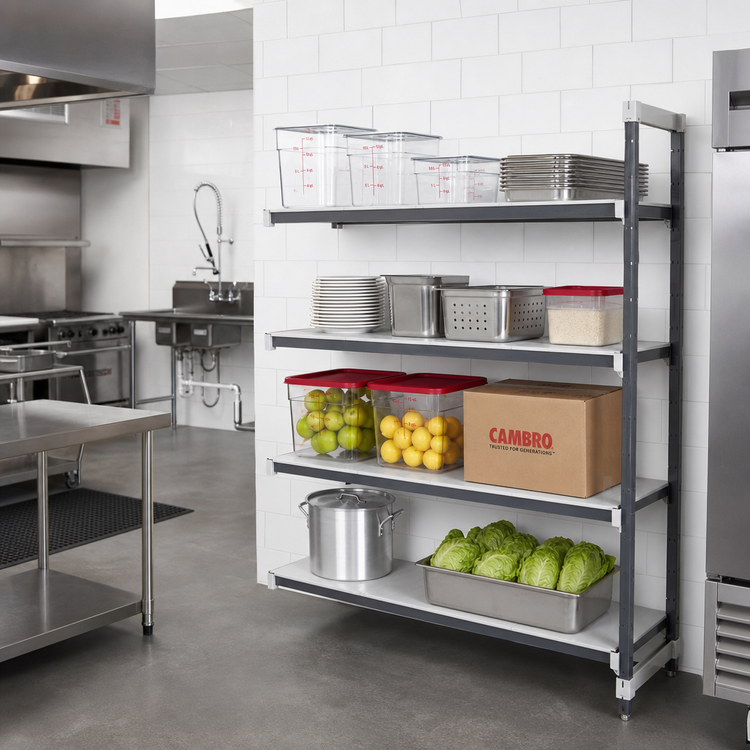 Product image #2 for Cambro Camshelving Elements XTRA 4-Tier Solid Stationary Add-On Polymer Shelving Unit, 18" x 60" x 84"