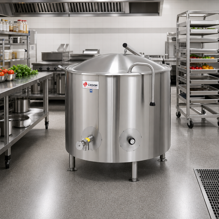 Product image #2 for Legion Low-Rim 25-Gallon Stationary Direct Steam Kettle with Full Jacket and 304 Stainless Steel Liner