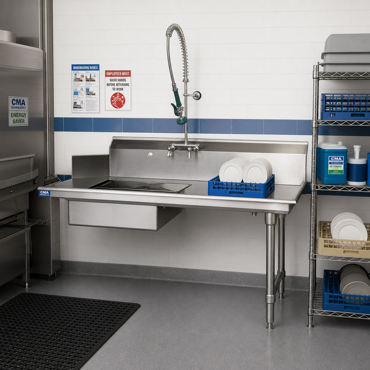Product image #2 for CMA Dishmachines SR-48 48-Inch Straight Soiled Dish Table with 20-Inch x 20-Inch Pre-Rinse Sink, Right-to-Left Operation