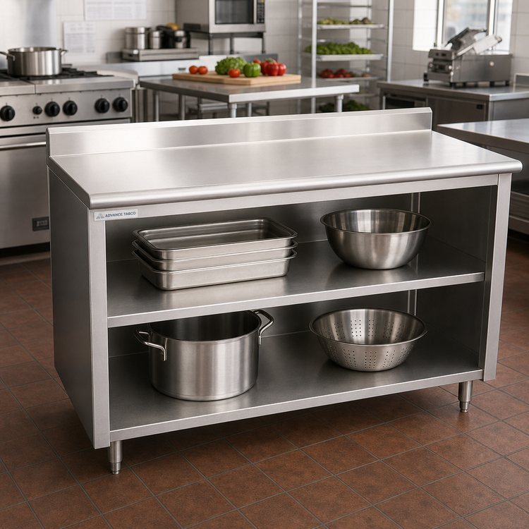 Product image #2 for Advance Tabco 108-Inch 304 Stainless Steel Work Table with Open Front Cabinet Base, Mid-Shelf, and 5-Inch Backsplash