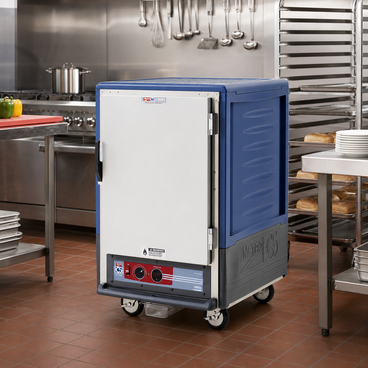 Product image #2 for Metro C5 3 Series Half-Height Mobile Low-Wattage Heated Holding Cabinet with Blue Insulation Armour, Solid Doors, and Universal Wire Slides