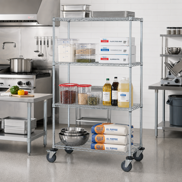 Product image #2 for Quantum Mobile Wire Shelving Cart with 4 Shelves, 48W x 18D x 80H, Chrome Plated Finish