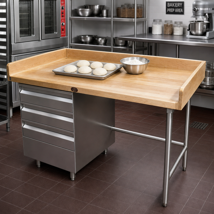 Product image #2 for Advance Tabco BST-367L 84-Inch x 36-Inch Wood Top Bakers' Table with 3 Drawer Tiers and Stainless Steel Base