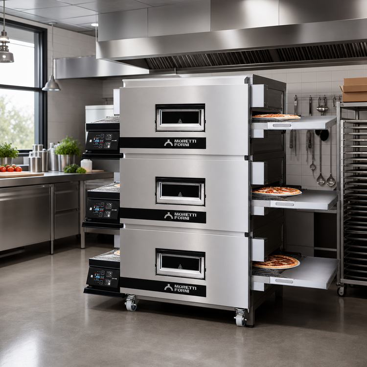 Product image #2 for Moretti Forni TT96E3S 3-Deck Electric Conveyor Pizza Oven with Stand, 300 13-Inch Pizzas/Hour, 208V, 3-Phase