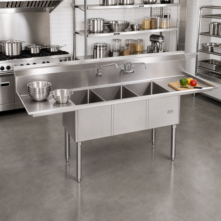 Product image #2 for John Boos E-Series 3-Compartment Stainless Steel Sink with Left and Right Drainboards, 108-Inch