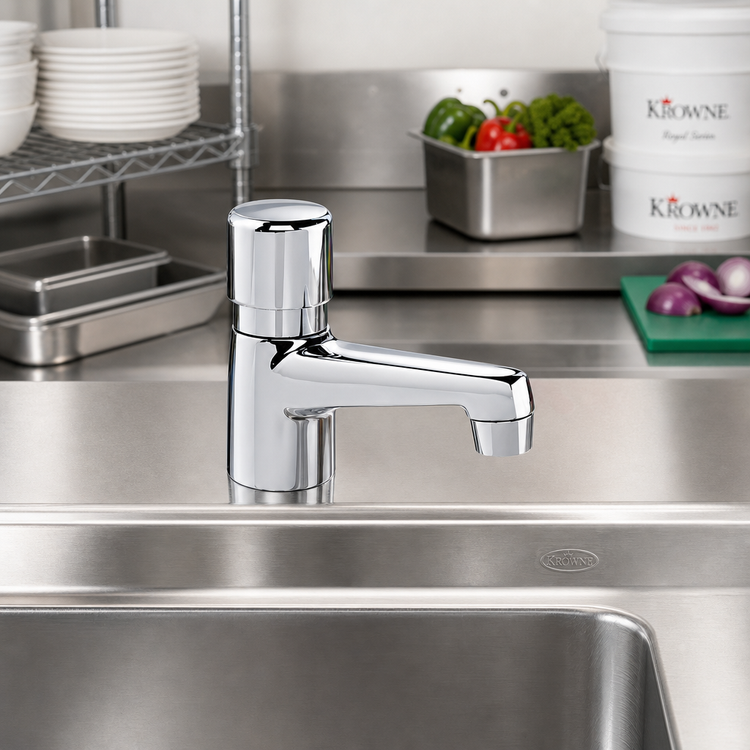 Product image #2 for Krowne Royal Series Single-Hole Deck Mount Self-Closing Metering Faucet, Polished Chrome, 1.5 GPM