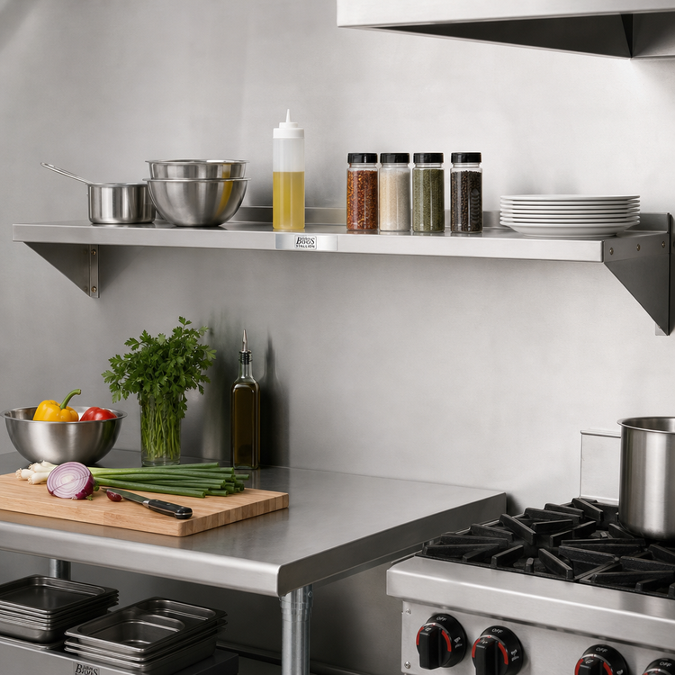 Product image #2 for John Boos Stallion Wall-Mounted Stainless Steel Shelf, 84"W x 12"D, Safety Edge, 1-1/2" Rear Up-Turn