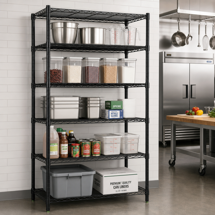 Product image #2 for Quantum 72"W x 18"D x 74"H Stationary Wire Shelving Starter Kit, 5 Shelves, Black Epoxy Antimicrobial Finish