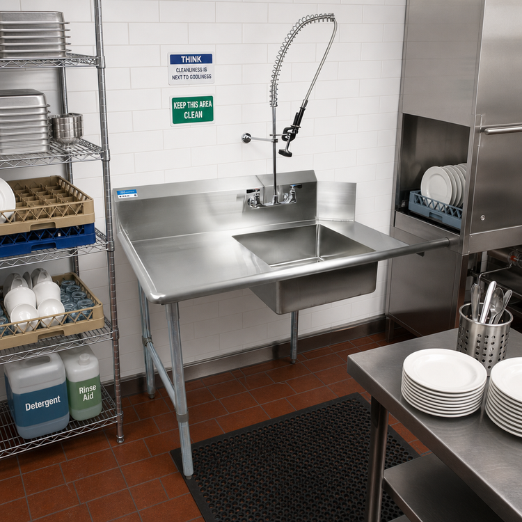 Product image #2 for BK Resources 48-Inch Straight Soiled Dish Table with Left-Side Sink, Pre-Rinse Faucet, and Galvanized Legs