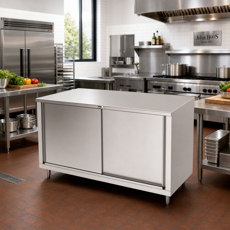 Product image #2 for John Boos 48 Inch x 36 Inch Flat Top Stainless Steel Enclosed Work Table with Cabinet Base and Sliding Doors