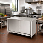 Thumbnail image #2 for John Boos 4CS6-3648 48 x 36 in Stainless Steel Enclosed Work Table with Sliding-Door Cabinet Base and 16-Gauge 300 Series Flat Top