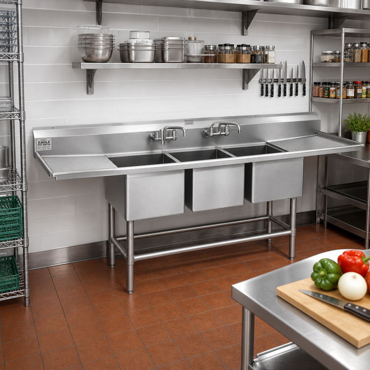 Product image #2 for Eagle Group Spec-Master FN Series 126"W Three-Compartment Stainless Steel Sink with Dual 30" Drainboards