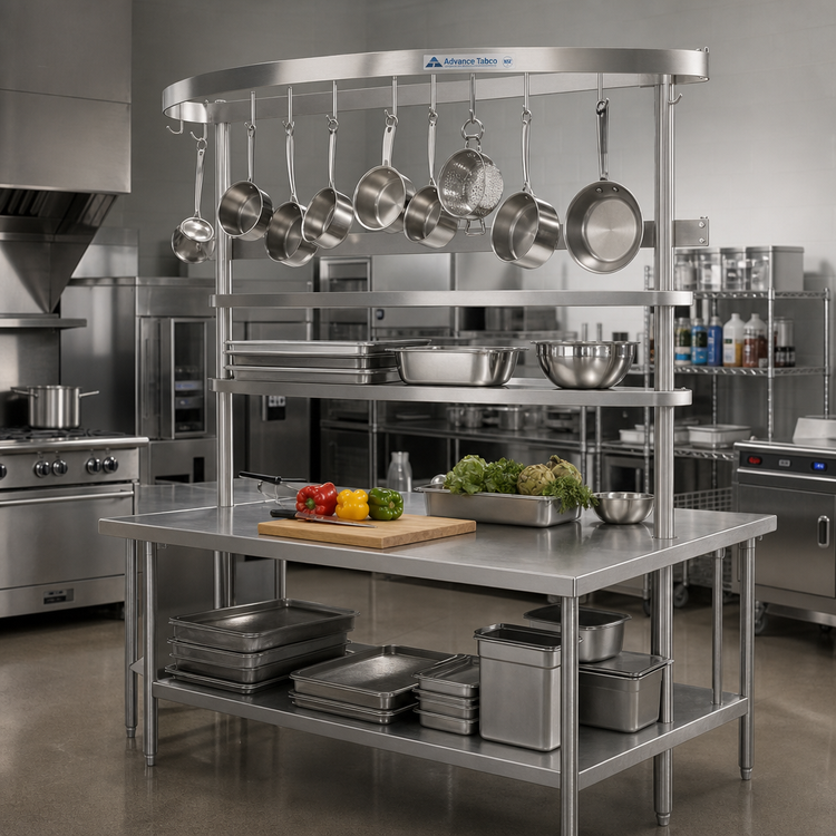 Product image #2 for Advance Tabco SWT-120 120-Inch Table-Mounted Semi-Circular Stainless Steel Pot Rack with 18 Plated Hooks