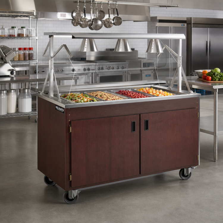 Product image #2 for Vollrath 2-Series Affordable Portable 4-Pan Non-Refrigerated Cold Food Station with Buffet Breath Guard and Cherry Woodgrain Storage Base with Doors
