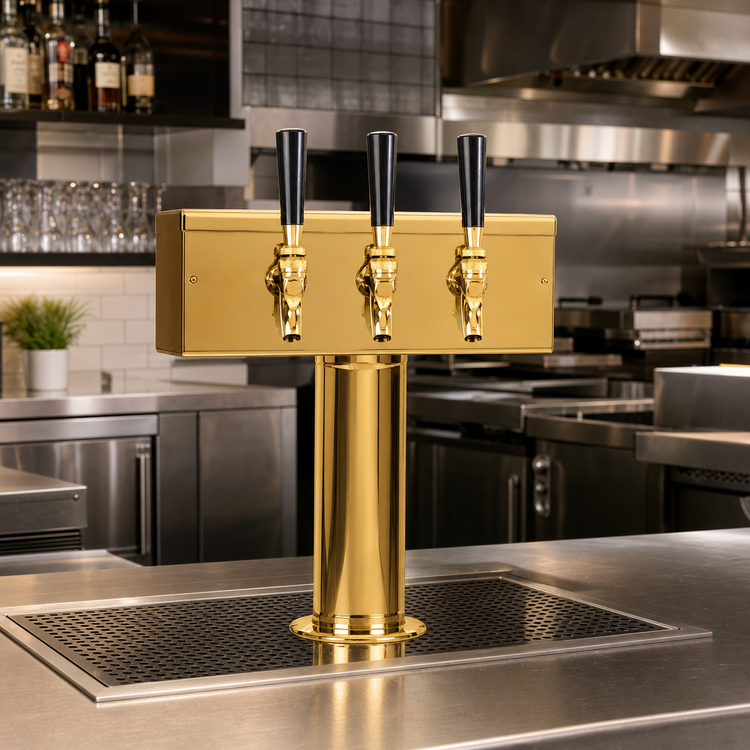 Product image #2 for Micro Matic T-Style Countertop Air-Cooled Draft Beer Tower with 3 Brass Faucets, PVD Brass Finish