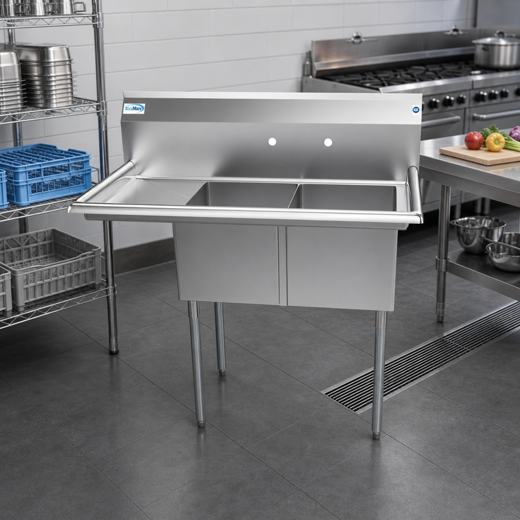 Product image #2 for KoolMore 43-Inch Two-Compartment Stainless Steel Commercial Sink with Left Drainboard and Backsplash