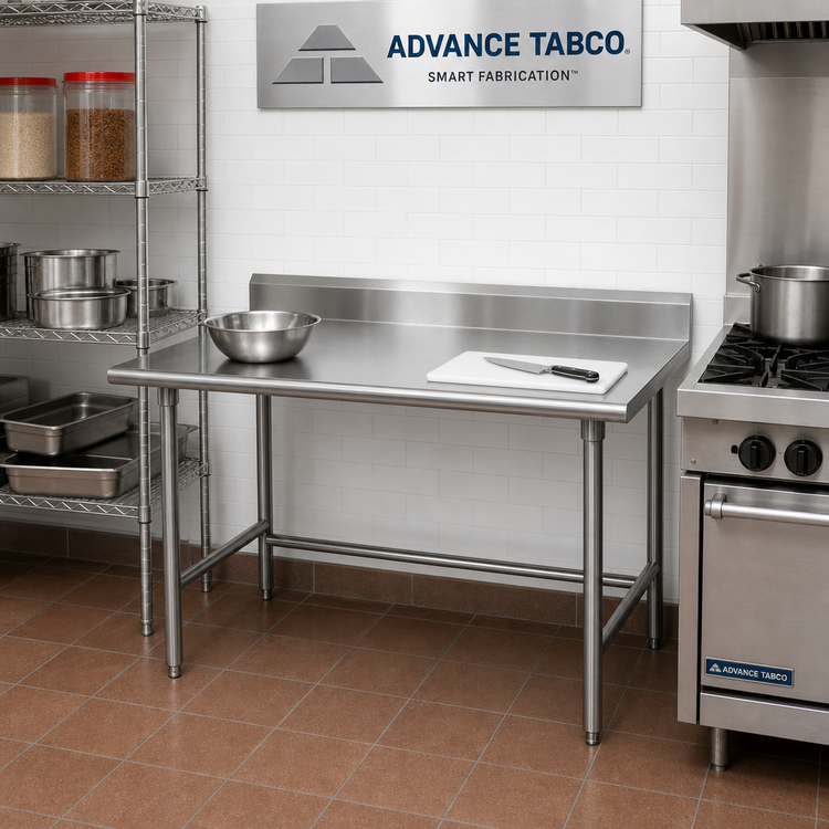Product image #2 for Advance Tabco Special Value 60-Inch x 24-Inch 16 Gauge 430 Stainless Steel Open Base Work Table with 5-Inch Backsplash