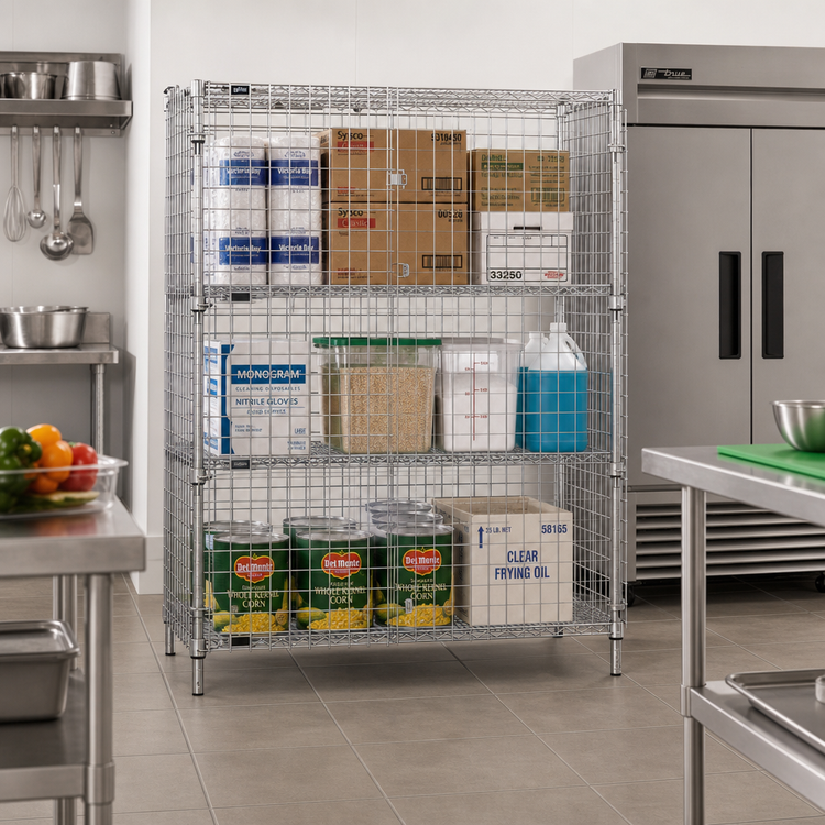 Product image #2 for Quantum 60 Inch W x 18 Inch D x 63 Inch H Stationary Wire Security Cage with 2 Intermediate Shelves, Chrome-Plated