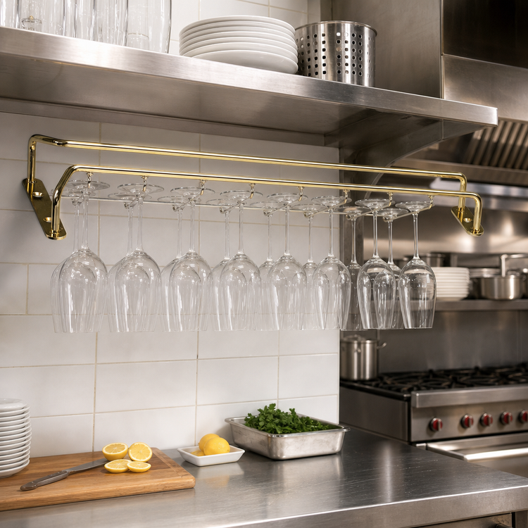 Product image #2 for Crestware 10-Inch High-Polished Brass Dual-Rail Glass Hanging Rack