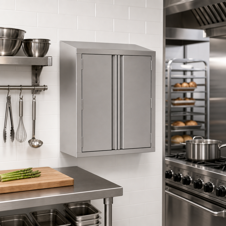 Product image #2 for John Boos 36-Inch Wall-Mounted Stainless Steel Cabinet with Hinged Doors and Sloped Top