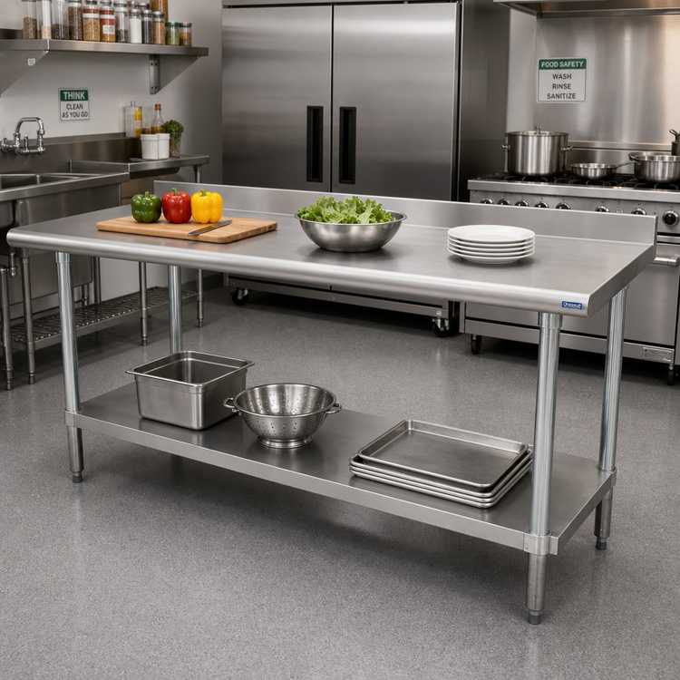Product image #2 for Advance Tabco Special Value Series 84" x 30" Heavy Duty Stainless Steel Work Table with 1-1/2" Rear Splash and Adjustable Undershelf