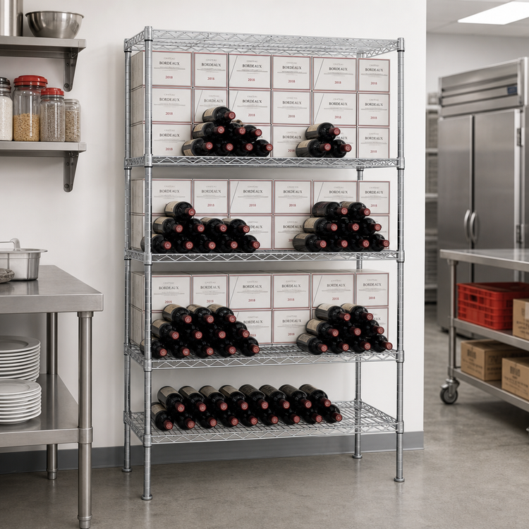 Product image #2 for Metro Super Erecta Bulk Storage Wine Shelving Rack, 48"W x 14"D x 74-3/4"H, 16-Case Capacity, Chrome-Plated